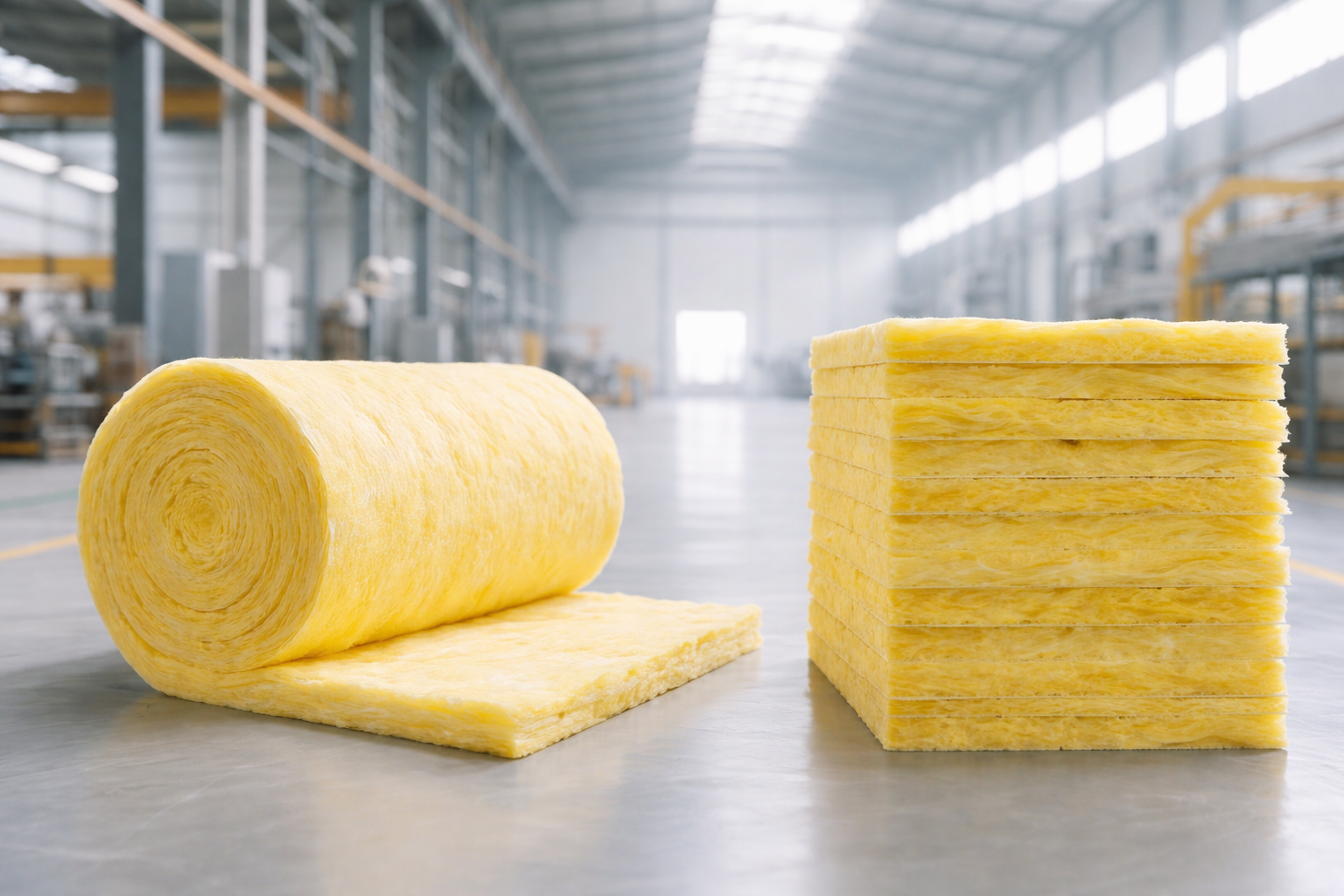 Glass wool insulation material being handled